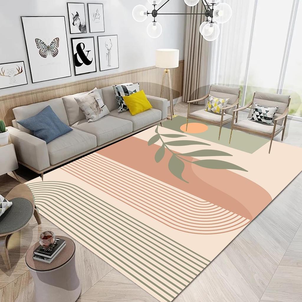 Boho Mid Century Style Area Rug Modern Plant Leaves Carpet Non Slip Abstract Art Floor Mat for Living Room Bathroom Office Decor