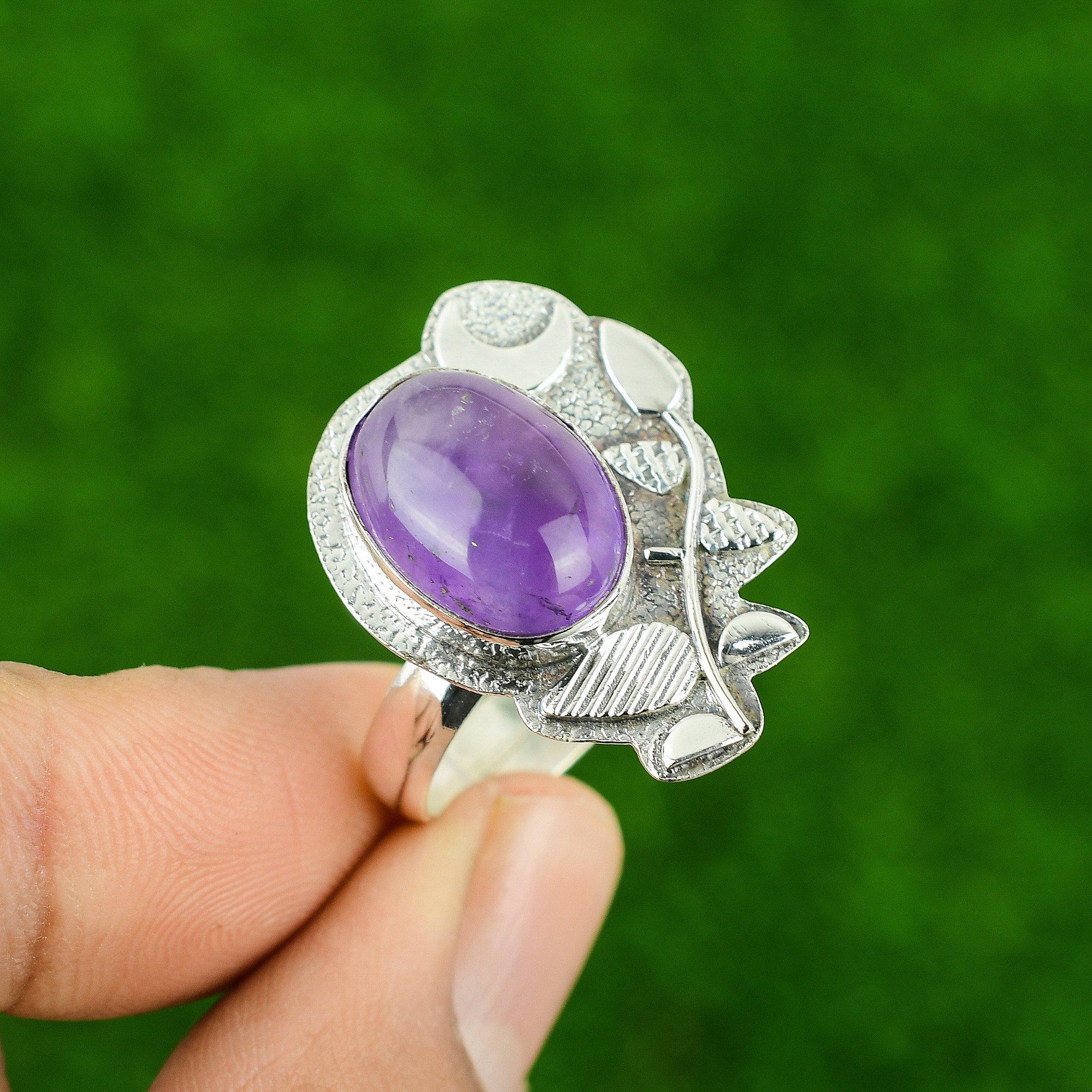 

African Amethyst Gemstone Birthday Statement Ring Jewelry 925 Sterling Silver Adjustable