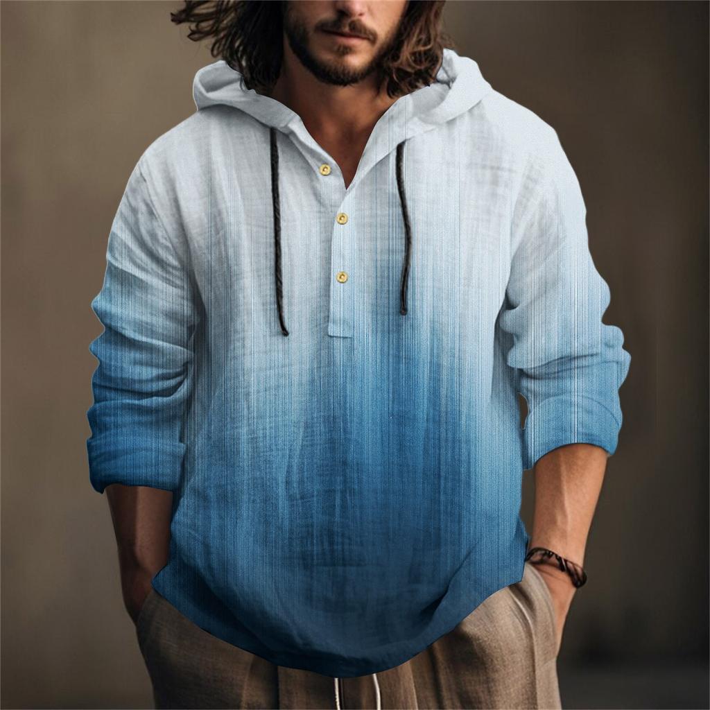 Printed Men's Cotton And Linen Shirt Hooded Long-sleeved Hooded Spring And Summer Casual Daily Wear