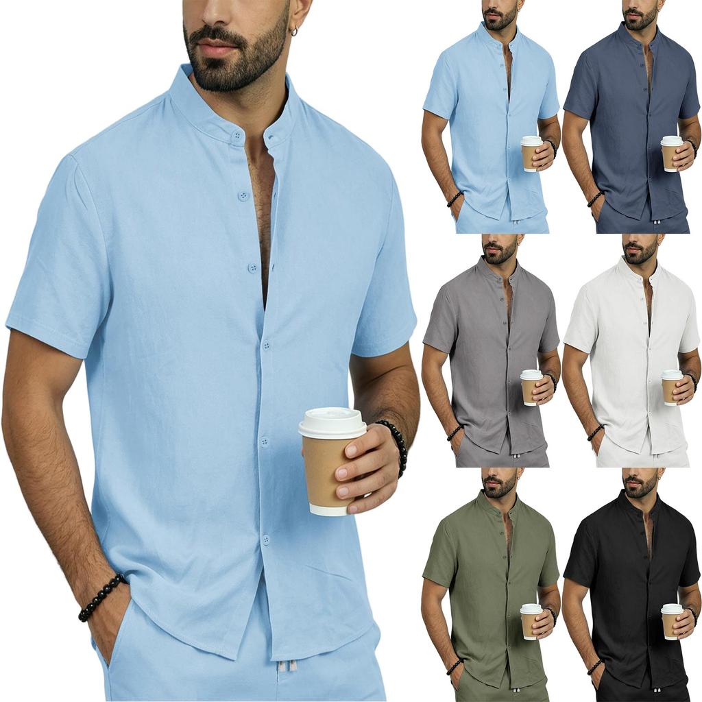 Men's Summer Linen Short Sleeve Shirt Stand Collar Button Down Shirt Casual Breathable Lightweight Top for Daily Wear