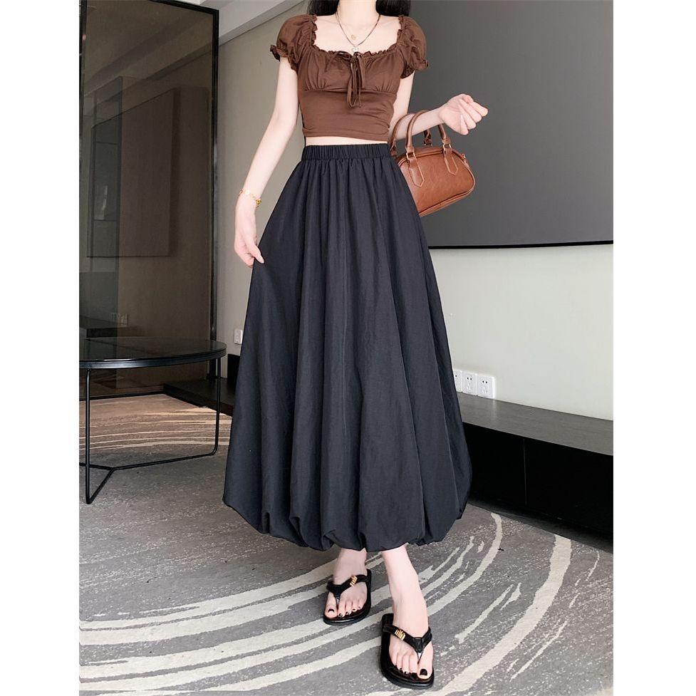 Women's 2025 Summer High Waist A-Line Puffy Flower Bud Midi Skirt
