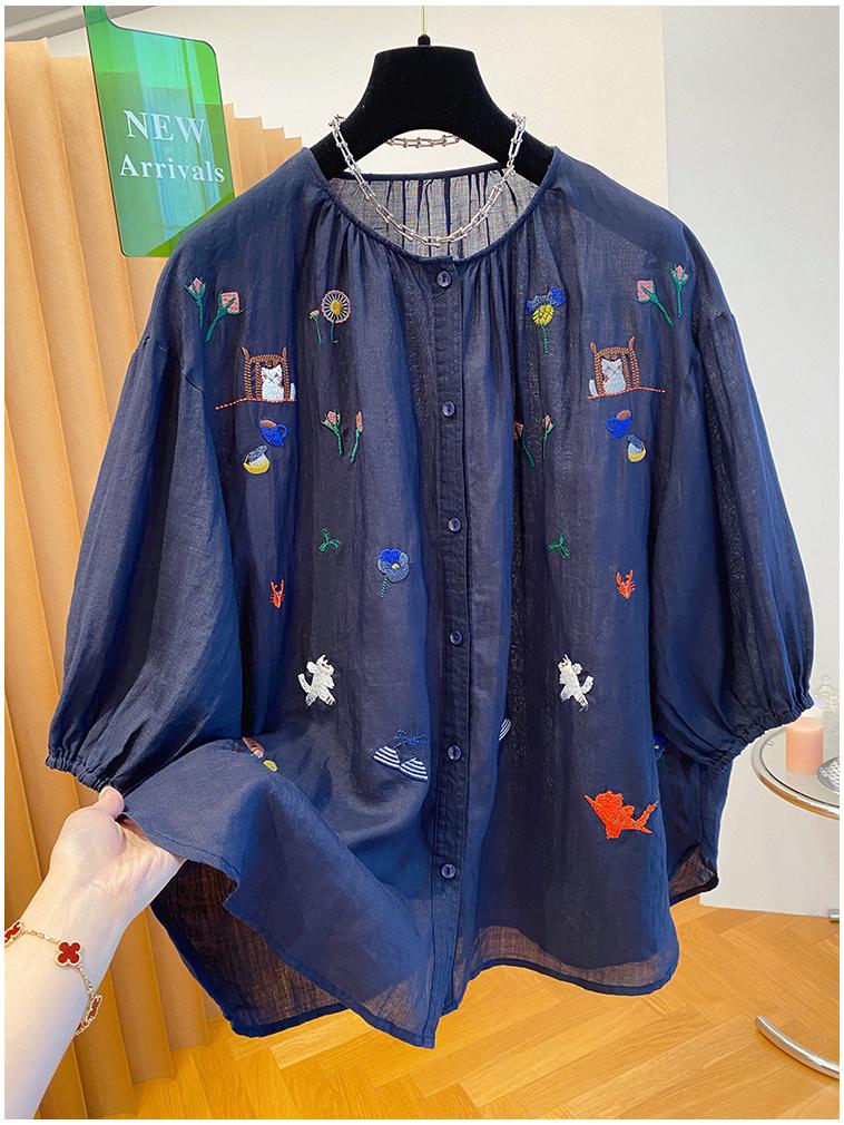 Women's Unique Embroidery Ramie Top - Extra Large, Lightweight, Chic, and Stylish for Summer 2026