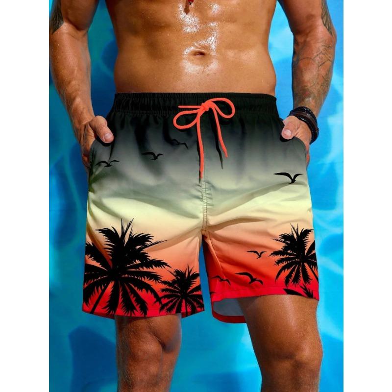 Summer Vacation Men's Palm Tree Print Drawstring Waist Board Shorts Fashion Swim Trunks 3D Print Breathable Short Streetwear