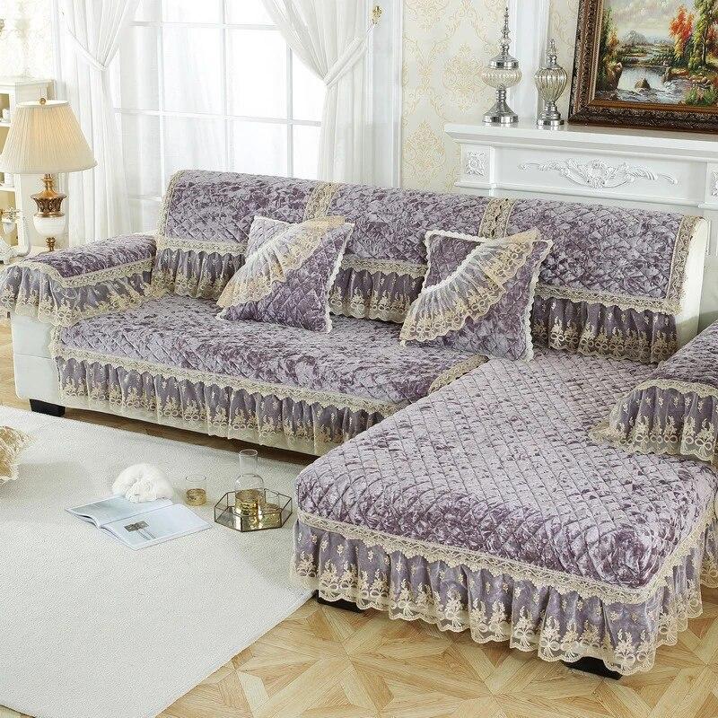 European Vintage Soft Thicken Velvet Quilted Sofa Cover Lace Decor Short Plush Couch Covers For Living Room L Shaped Sofa Towel
