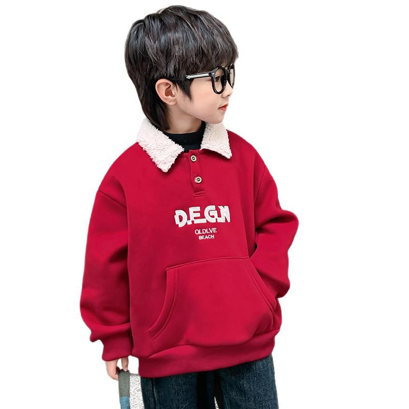 Fairy Tale Red Boys' Fleece Sweatshirt 2025 – Winter Thickened One-Piece Top for Children