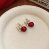 Retro Red Zirconia Pearl Flower Earrings - High-End Hong Kong Style Studs for Women