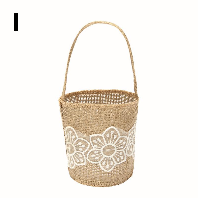 Wedding Lace Burlap Flower Basket Linen Handle Vintage Flower Basket Rustic Wedding Ceremony Lace Satin Flower Basket