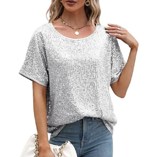 Women Tops Round Neck Short Sleeve Loose Fit Tee Shirt Sparkling Sequins Casual Shirt Versatile Summer Tops