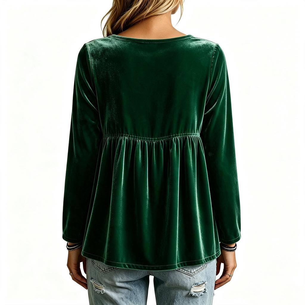 Women's Casual V-Neck Long Sleeve Velvet Top with Loose Fit Blouse