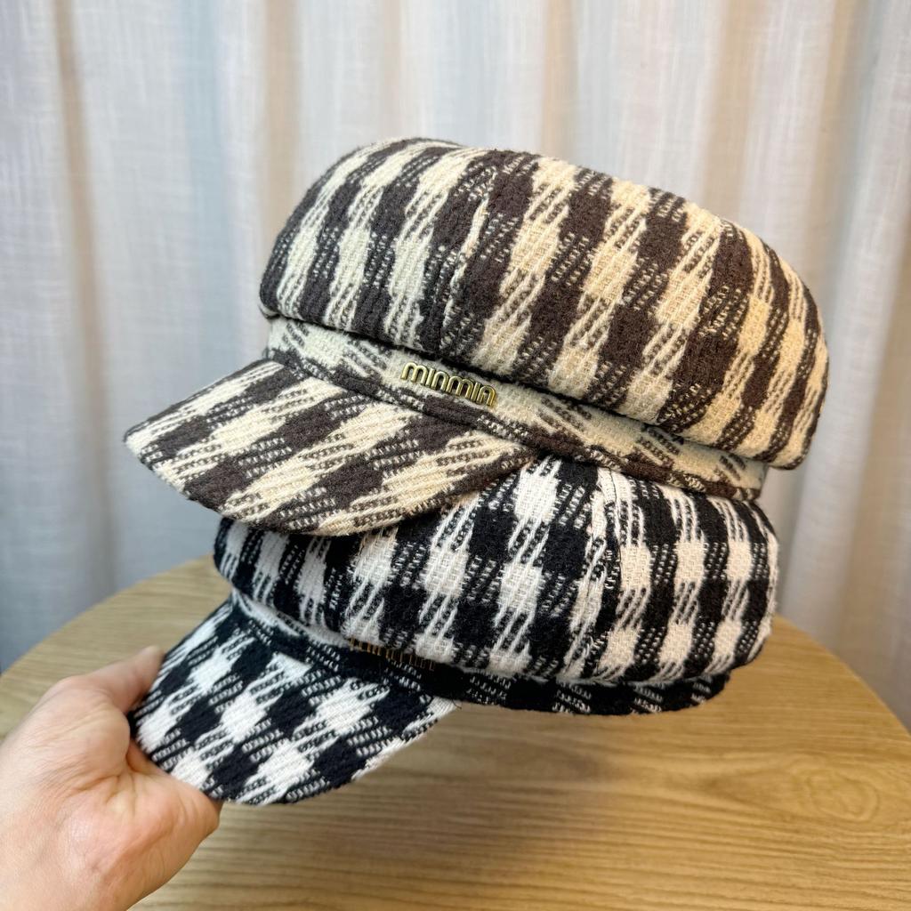 Plaid Octagonal Hat Autumn and Winter New Hat Female Painter Hat British Korean Version Trendy Beret Soft Top Short Brim Peaked Hat