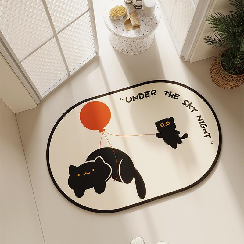 

Diatom Mud Floor Pad Bathroom Door Moisture-wicking Anti slip Mat Cartoon Style Cat Oval Bath Area Floor Mat Durable 50 * 80cm