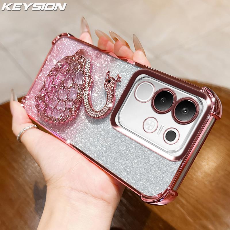 KEYSION Shockproof Plating Phone Case for VIVO Y29 4G Clear Soft TPU Glitter Jewelled Swan Kickstand Back Cover for IQOO Z10X 5G
