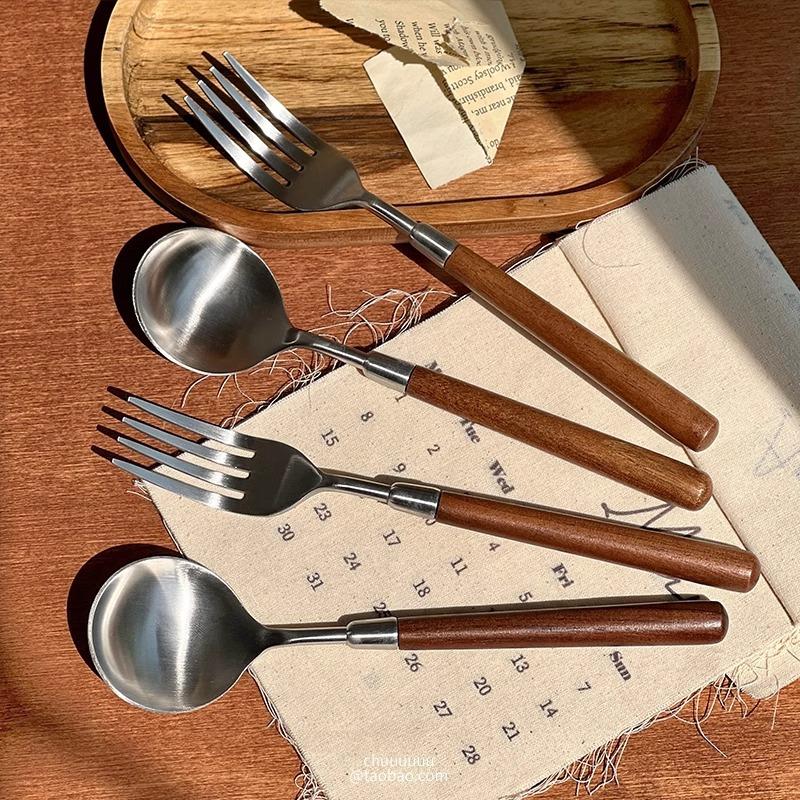 Imitation Walnut Handle Simple Texture Stainless Steel Spoon Fork Set Household Western Food Spoon High Value Tableware
