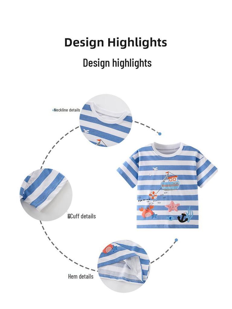 Summer 2023 Cartoon Ocean Print Kids' T-Shirt – Casual, Fashionable Round Neck