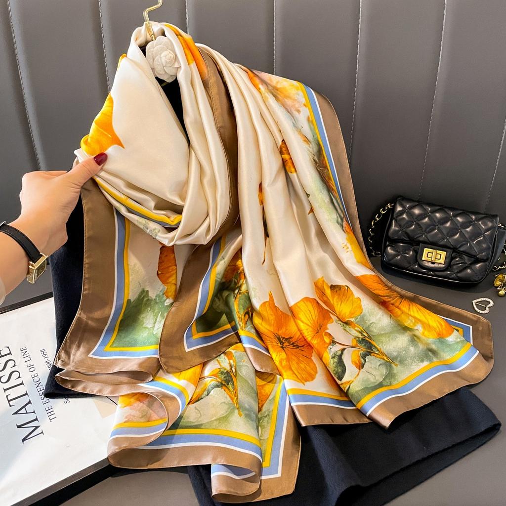 Lijin Satinschal weiblicher Schal dünn neuer Druck Frühling und Sommer Yangqi Mode Schal Mitfahrgelegenheit langer Seidenschal Schal Schal