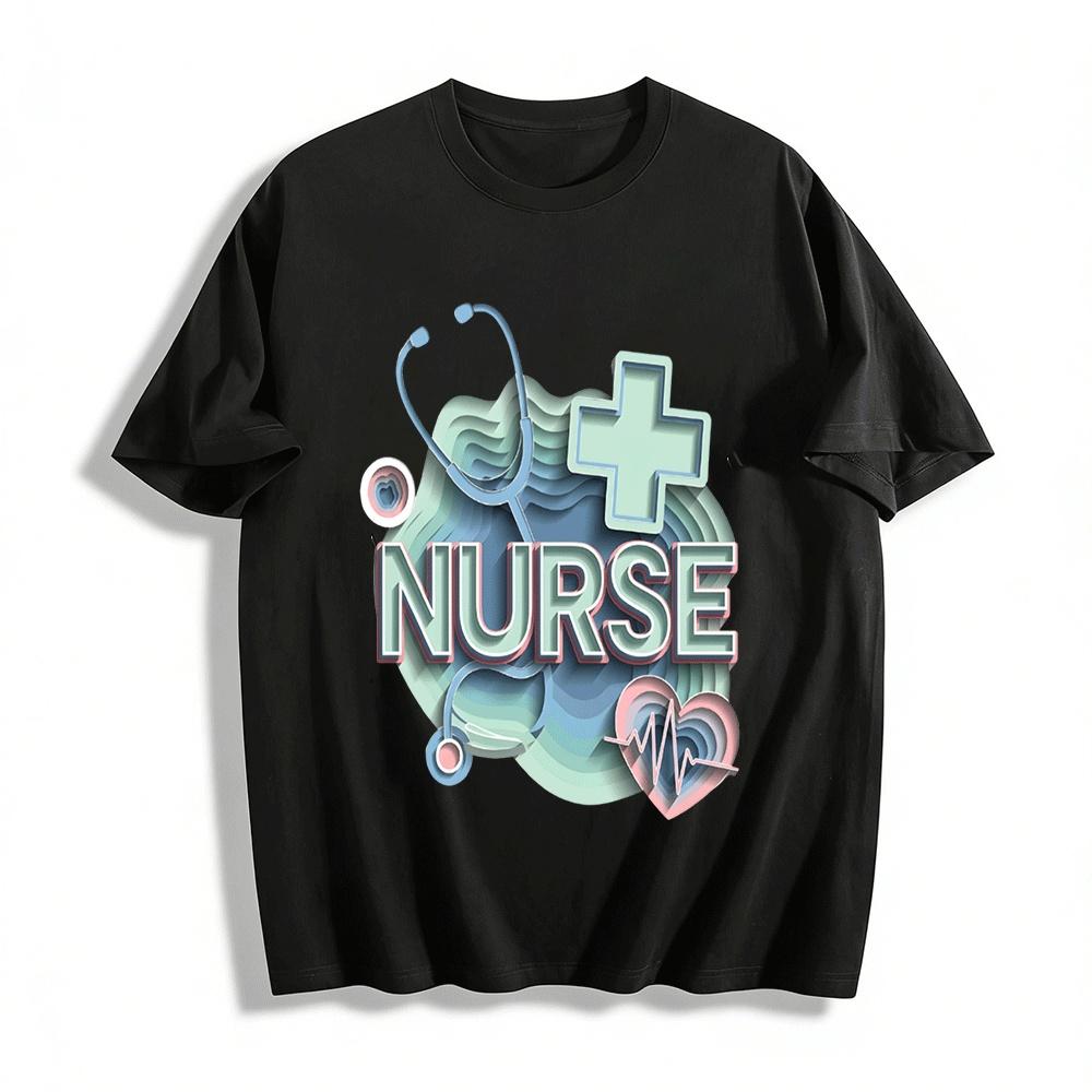 Nurse Themed Print Tee With Stethoscope Heart Design Pure cotton T-shirt XXS