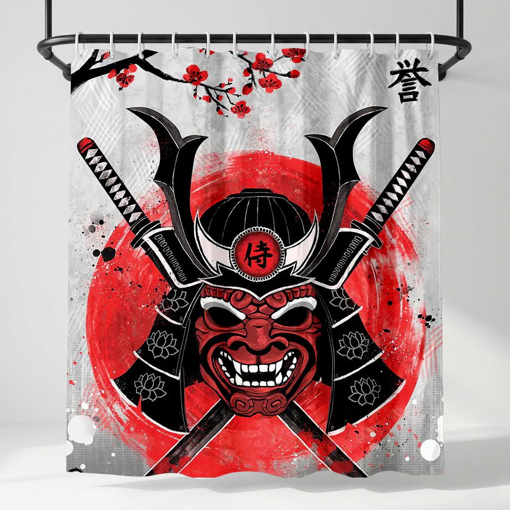 

Japanese Samurai Mask Shower Curtain, Bushido Katana & Red Sun Art, Oriental Cherry Blossom Warrior Bathroom Decor Set W60H190(CM)-1 Pcs