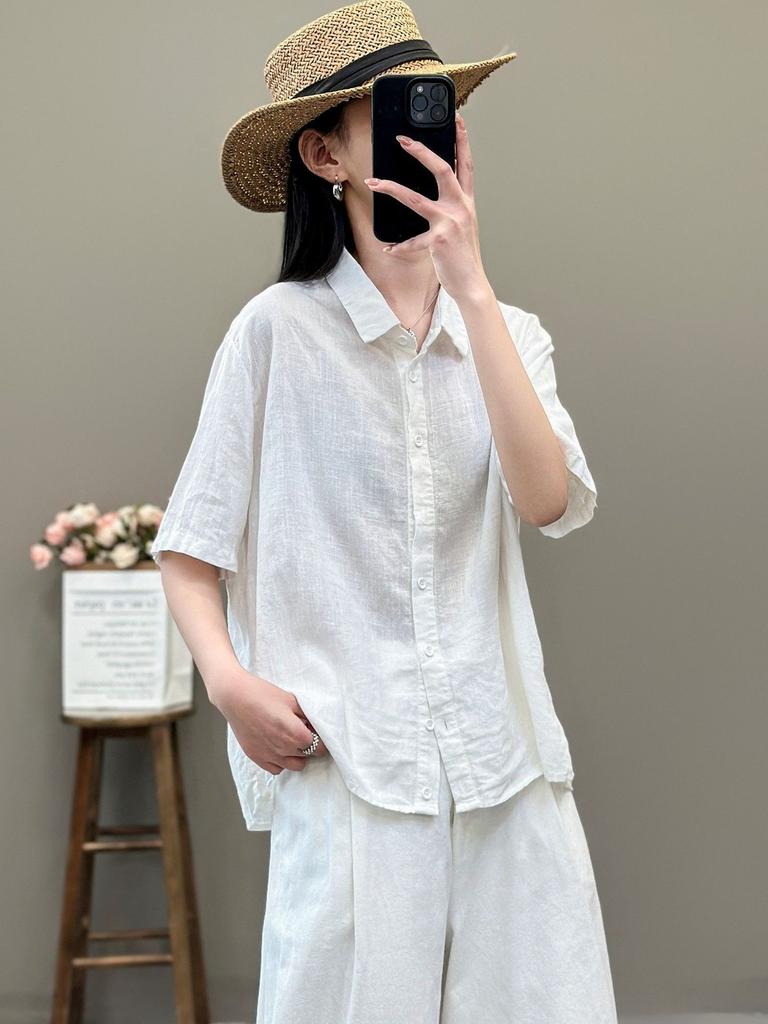 Literary and retro style linen shirt women's summer temperament commuting solid color versatile lapel cotton and linen five-quarter sleeve top women