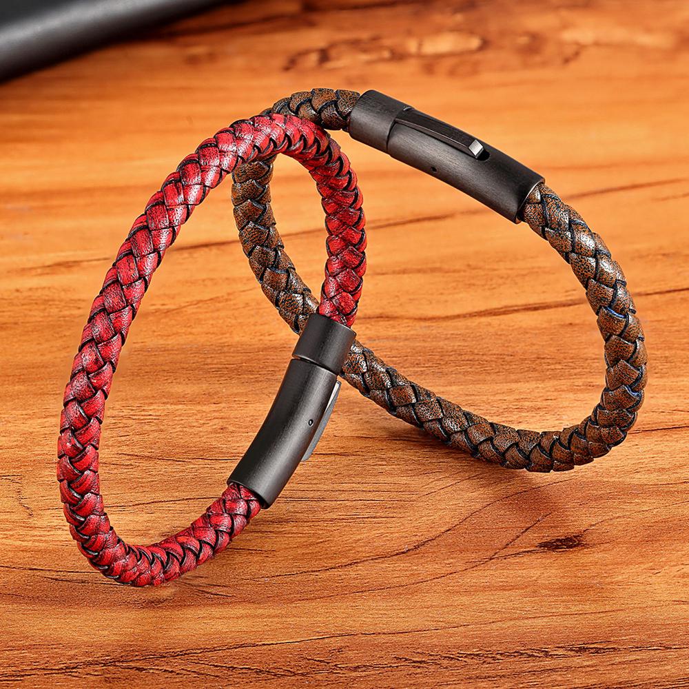 New Classic Style Men Leather Bracelet Simple Black Stainless Steel Button Neutral Accessories Hand-woven Jewelry Gifts