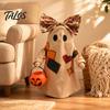 Soft Illuminated Ghost Statue Lighted Vintage Patchwork Ghost, Halloween Light Up Quilted Doll with Pumpkin Fabric Ornament Lantern, Rustic Farmhouse