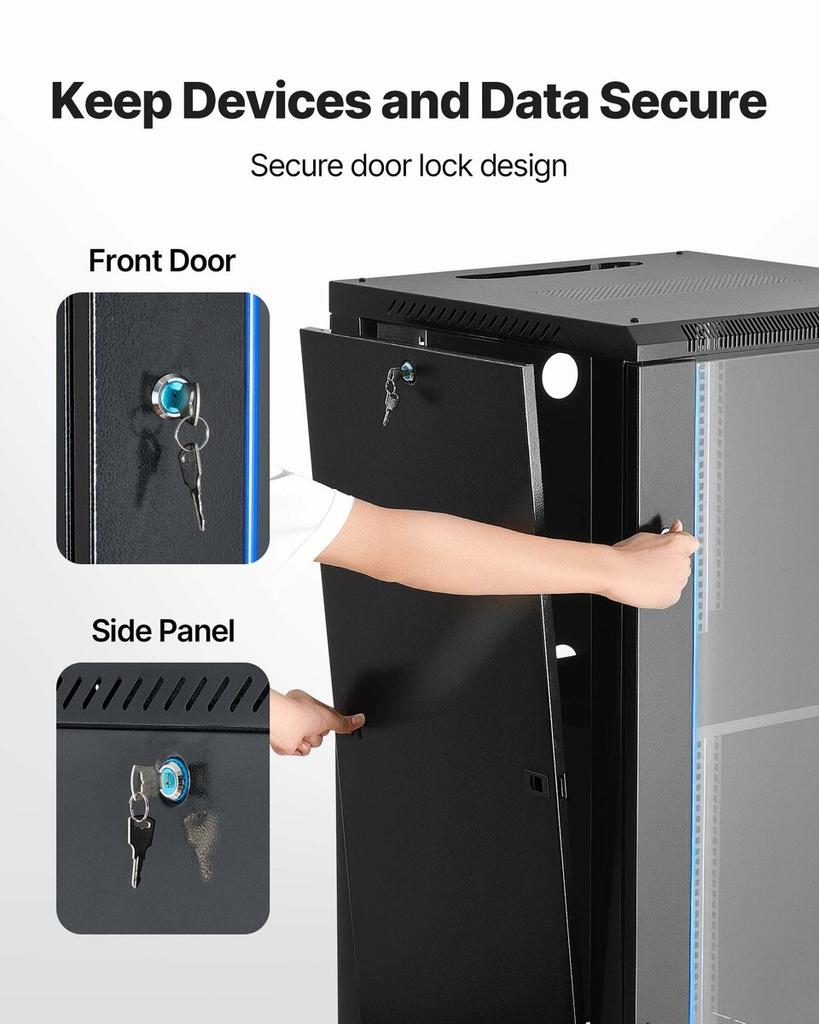 22U Network Cabinet Wall Mount, 600 mm Depth, 136 kg Max Load Capacity Server Cabinet Rack Enclosure with Locking Tempered Glass Door, Side Panels,