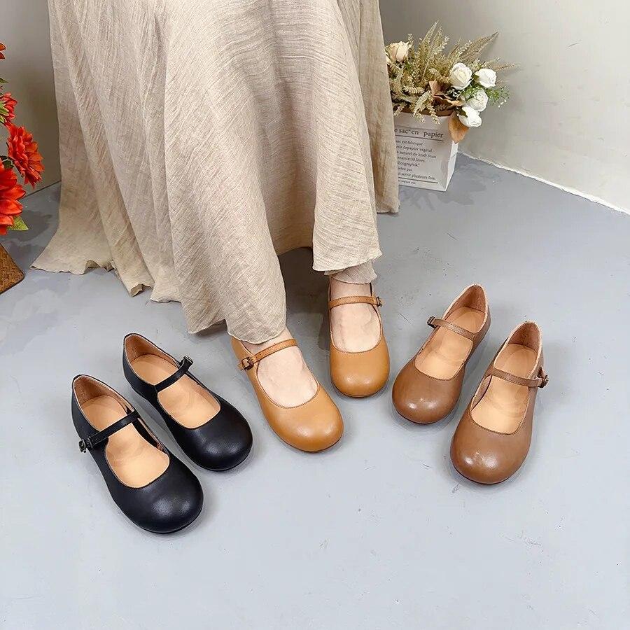 Johnature Chaussures à talons bas en cuir véritable avec boucle peu profonde, escarpins polyvalents à bout rond de couleur unie pour femmes