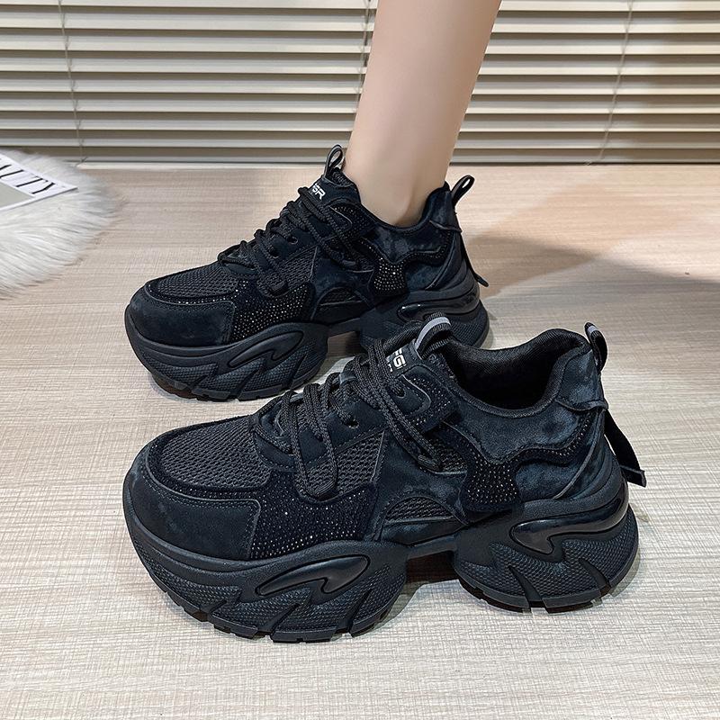 Rhinestone Daddy shoes breathable mesh autumn new 2025 new year super fire muffin platform sports casual shoes women