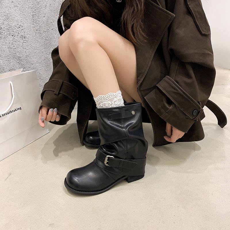 Autumn Winter Thick Heel Women Western Cowboy Boots Fashion Belt Buckle Slip on Shoes Ladies Vintage Pleated Short Booties