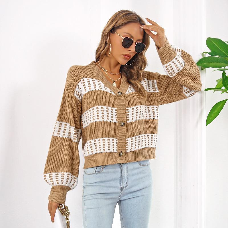 Women S V Neck Lantern Sleeve Contrast Color Short Cardigan Sweater Coat