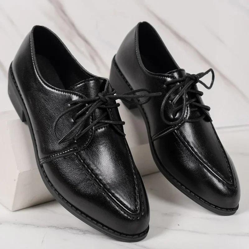 British Style Patent Leather Oxford Shoes for Woman Lace-Up Med Heel Single Shoes Women Pointed Toe Thick Heels Office Pumps