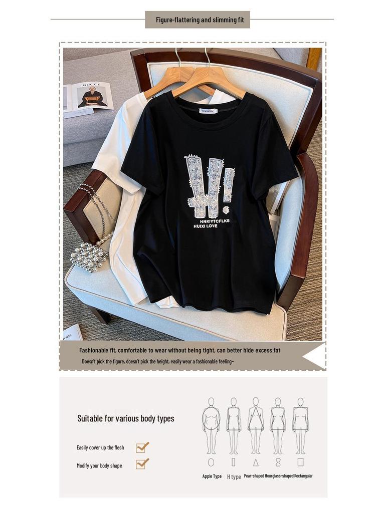 Women's Plus Size Loose Fit Mid-Length Round Neck T-Shirt, Short-Sleeved (Sizes 200/300/350 jin)