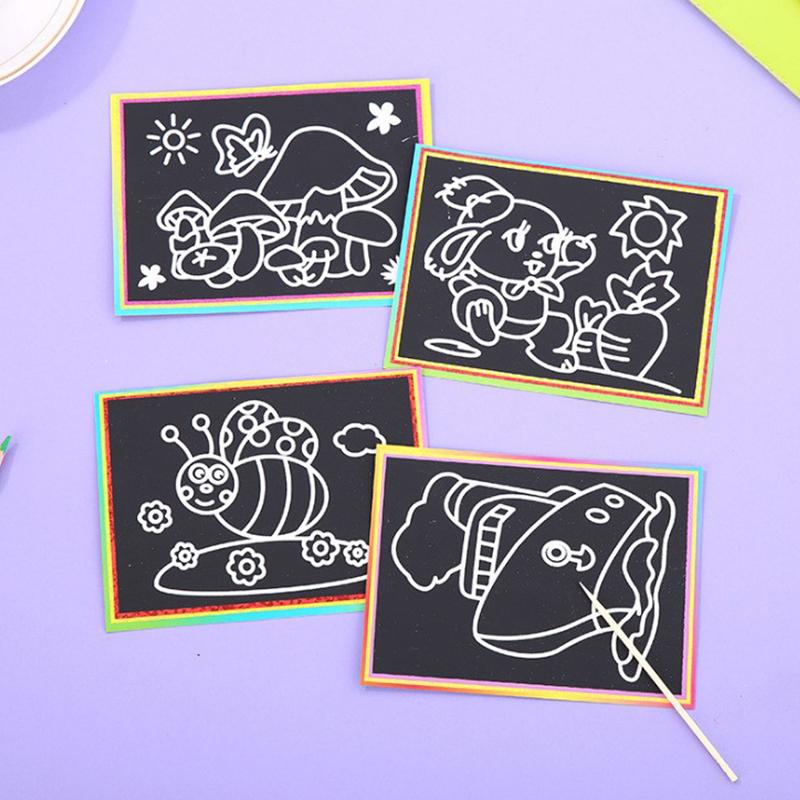 10Sheets Scratching Painting Paper Set Cute Cartoon Mix Style DIY Handmade Graffiti Supply Festival Birthday Party Souvenirs ZYF