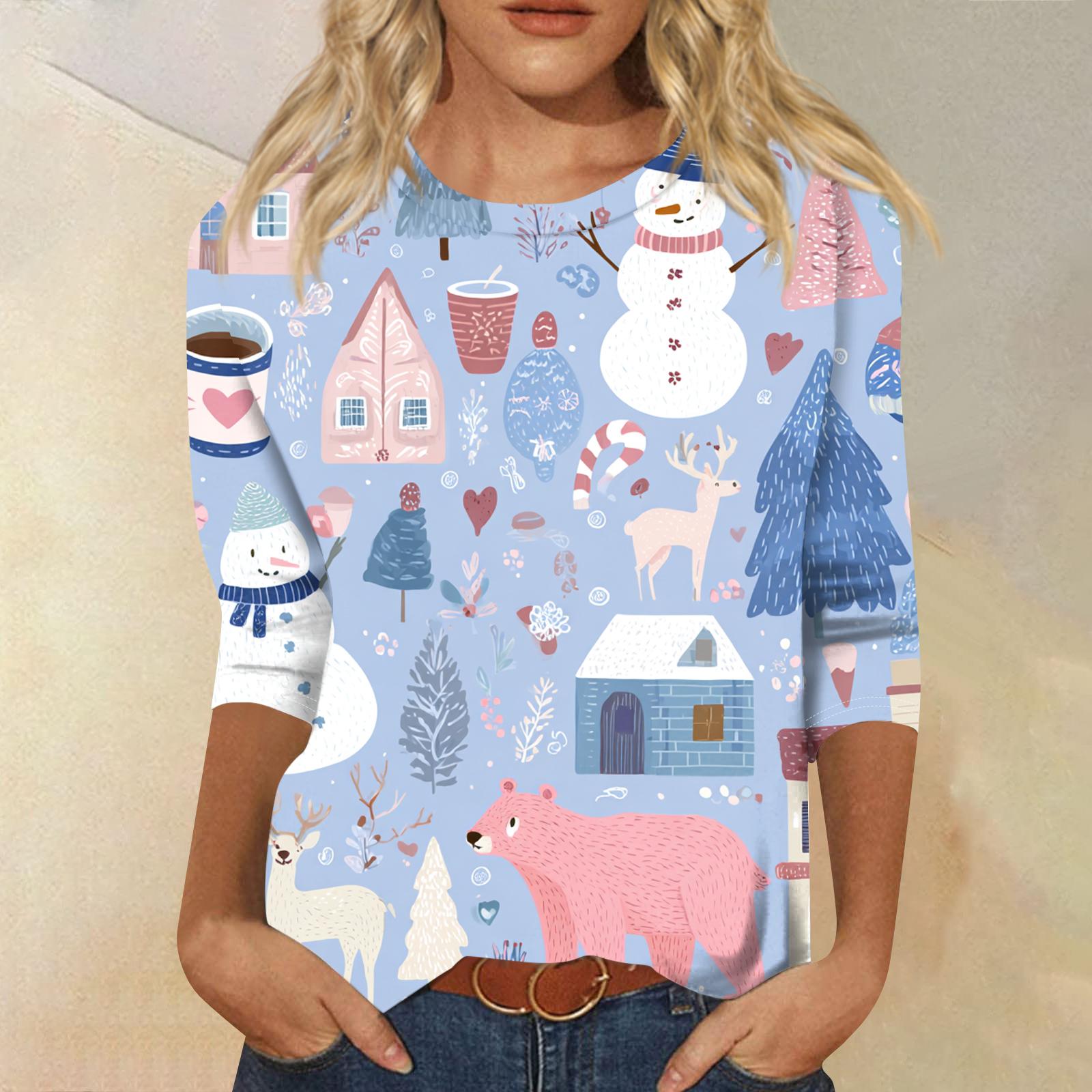 

Женская модная повседневная футболка с круглым вырезом и рукавом три четверти с рождественским принтом XXXL