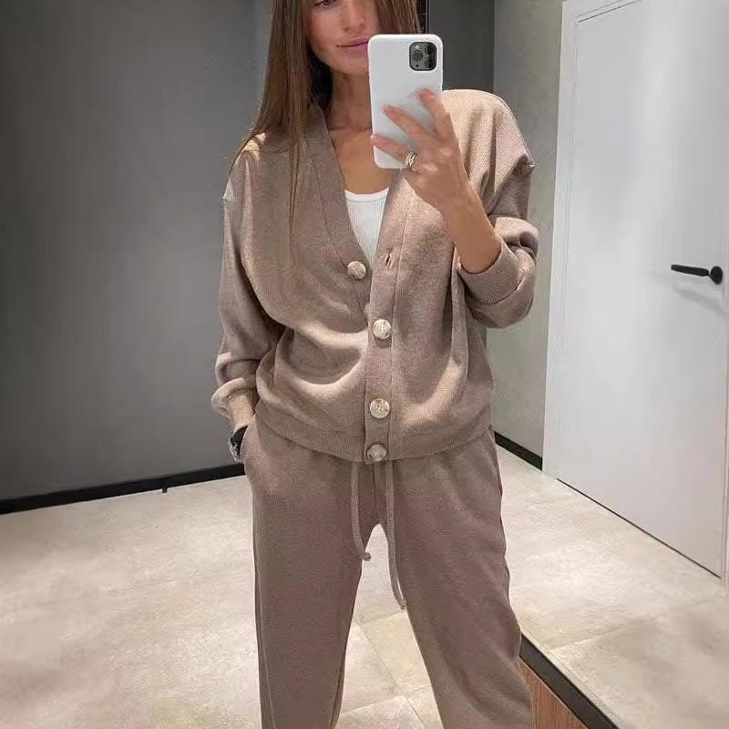 

Женский повседневный спортивный костюм Свободный кардиган с V-образным вырезом и брюки широкого кроя цвета хаки, оливково-зеленый, черный XXL темно-коричневого