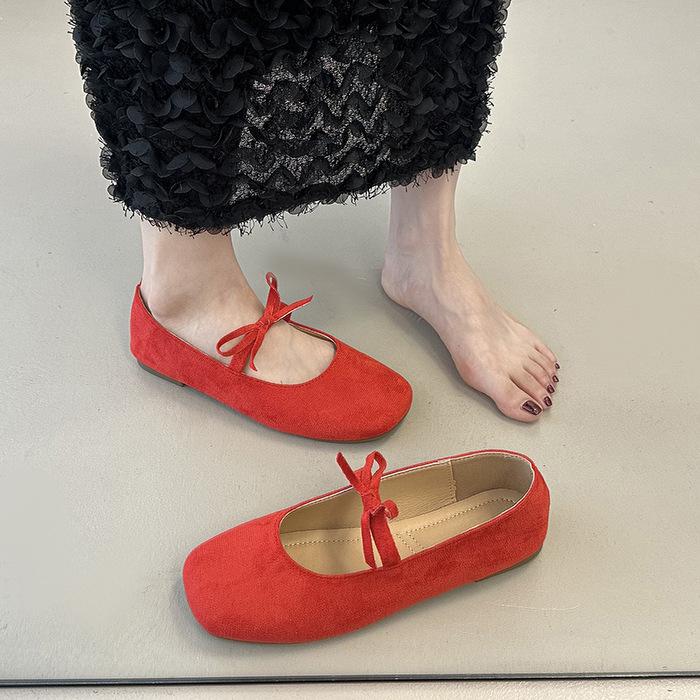Evening Wind Temperament Square Head Bow Single Shoes 2025 Spring French Age Reduction Suede Square Head Flat Bottom Mary Jane Single Shoes