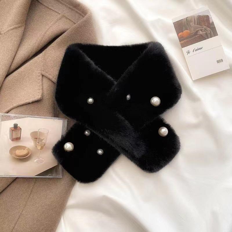 Women's Korean Style Imitation Rex Rabbit Fur Scarf - Versatile Autumn & Winter Thick Warm Pearl Cross Neck Warmer.