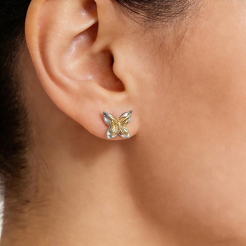 WOSTU Minimalist 925 Silver Butterfly Stud Earrings Gold Plated Two-Tone Ear Studs Hypoallergenic Cute Gift for Women Teens