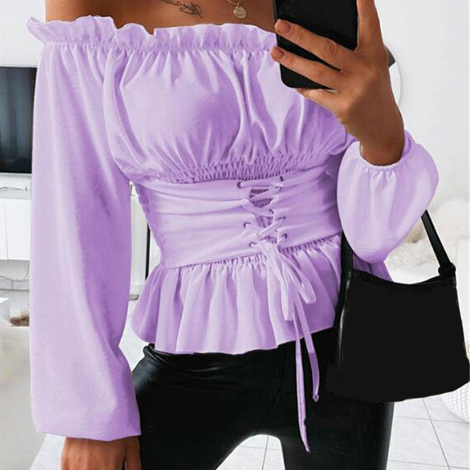 

Модная женская однотонная рубашка без бретелек с длинными рукавами и рюшами на шнурке S фиолетовый