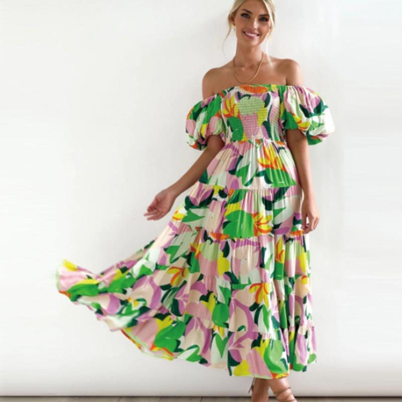 2 new women's bohemian print one-word shoulder holiday style sexy loose dress