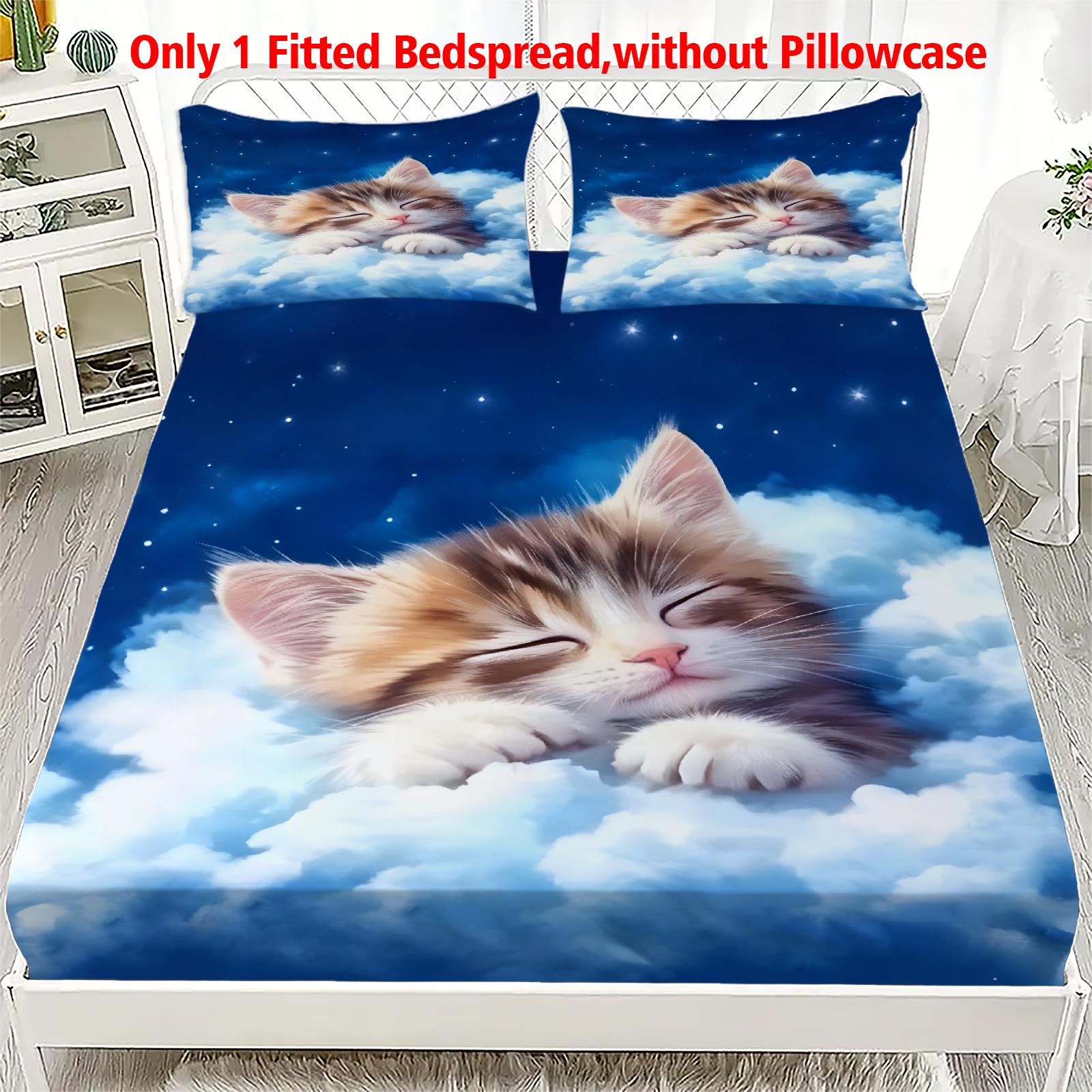 

1 Simple modern Cute Cat printed matte Fitted Sheet, bedroom printed bed cover, bedding (excluding pillowcases) 99x190x25cm