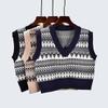 Spring and Autumn V Neck Short Knitting Wool Jacquard Vest Jacket Waistcoat Pullover Preppy Style Inner Wear Outer Wear Women's Clothing