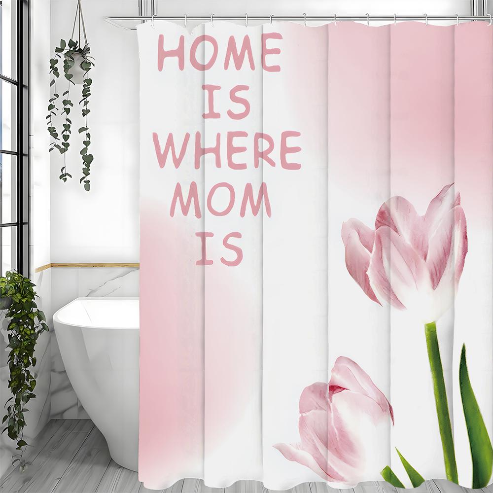Mother's Day Pink Tulip Text Shower Curtain, Bathroom Decorative Shower Curtain, Waterproof Shower Curtain with Hooks