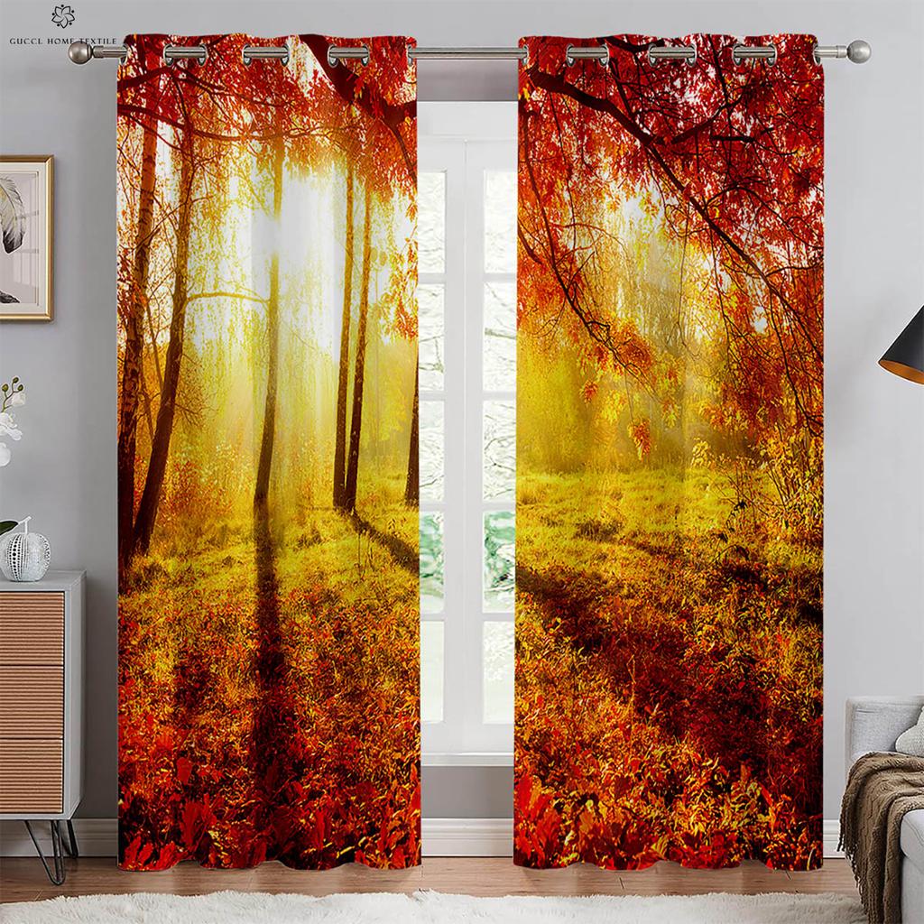 2pcs Forest Scenery 3D Stereo Printing Curtain Grommets 100% Polyester Bedroom Living Room Kitchen Window Decorative Curtains