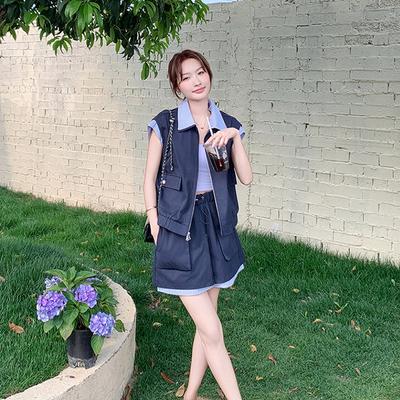 Tooling Suit Skirt Women's Summer New Casual Striped Splicing Shirt Short Skirt Two-piece Set