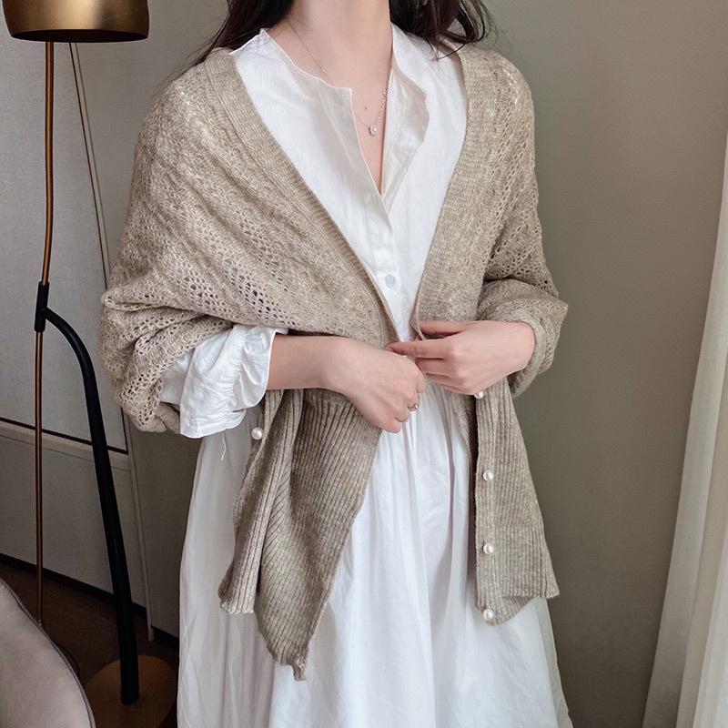 Korean-Style Pearl Sleeve Knit Shawl: Women's Early Autumn Office Cardigan & Two-Way Scarf