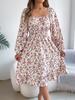 Elegant Floral Square Neck Long Sleeve Waisted Ruffled A Line Midi Dress For Women