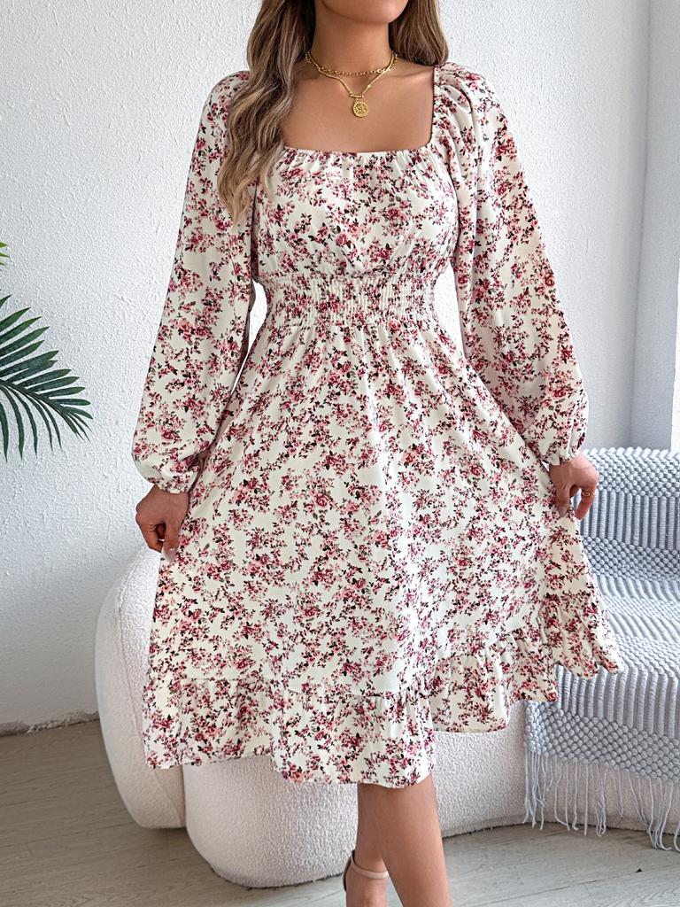 Elegant Floral Square Neck Long Sleeve Waisted Ruffled A Line Midi Dress For Women