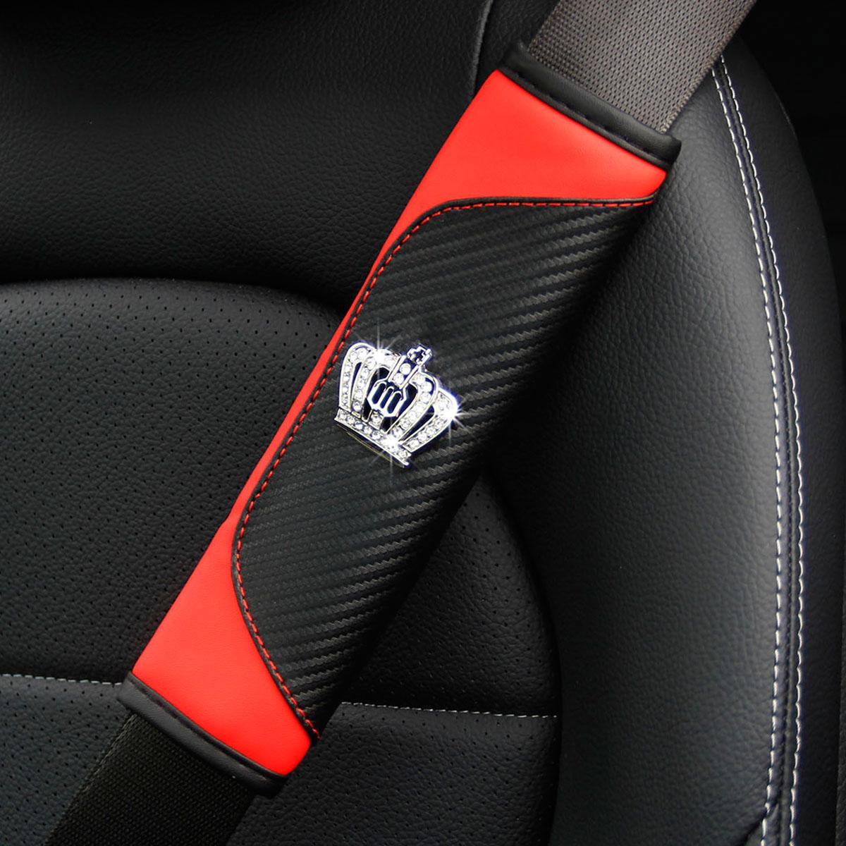 

A PU leather diamond-encrusted crown carbon fiber car carbon fiber seat belt shoulder protector car upholstery красный