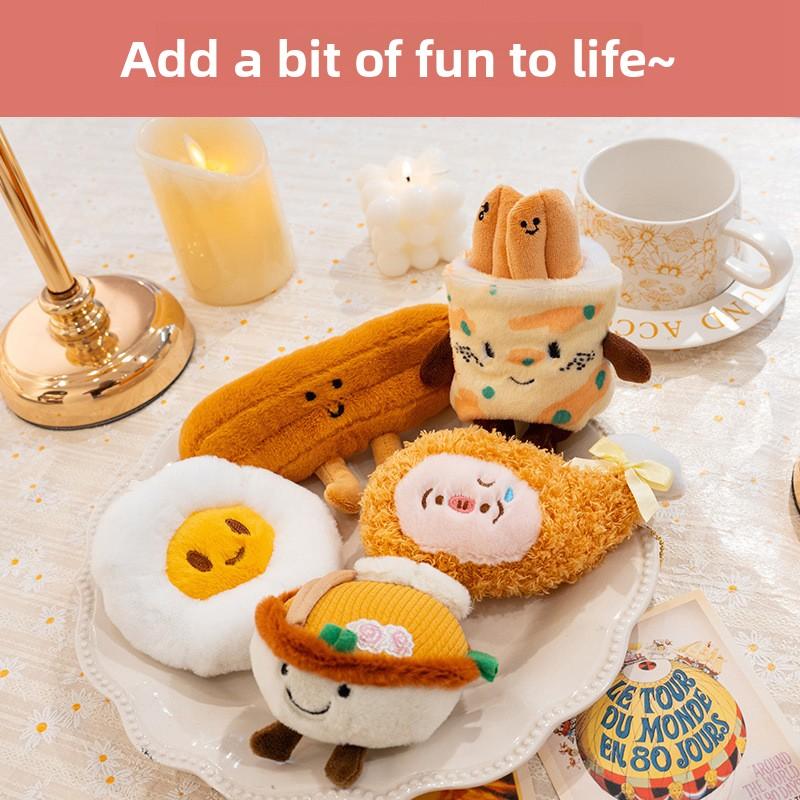 Cute Creative Plush Food Hanging Ornament Pancake Egg Noodles Burger Croissant Keychain Short Plush Toy Cartoon Style
