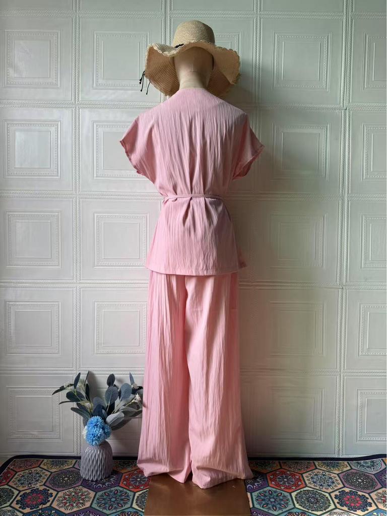 2025 Summer European & American Casual V-neck Short-sleeve Long Pants Fashion Set